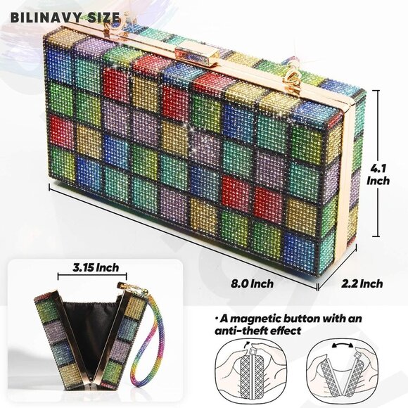 Women Rainbow Shine Clutch Purse, Rainbow Crystal Clutch Purses for Wedding Even - Picture 2 of 6